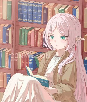 1girl book bookshelf cardigan christianity closed_mouth commentary commission dress earrings elf english_commentary english_text frieren green_eyes grey_hair highres holding holding_book jewelry knees_up library long_hair looking_at_viewer necklace official_alternate_costume official_alternate_hairstyle on_floor open_book parted_bangs pointy_ears reading shkz9 sitting smile solo sousou_no_frieren teardrop_earrings twitter_username watermark white_dress white_hair