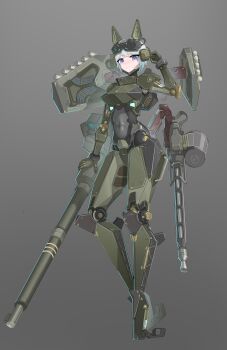 1girl absurdres armor blue_eyes blue_hair cannon covered_navel full_body giant giantess goggles goggles_on_head grey_background gun head-mounted_display highres joints kongtiao_cheng_tai_lang looking_at_viewer machine_gun magazine_(weapon) mecha_musume original robot_joints short_hair solo standing very_short_hair weapon