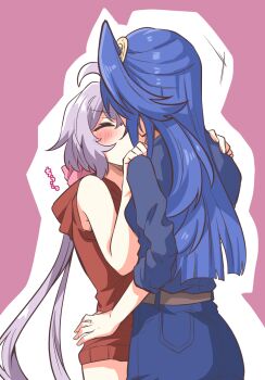 2girls belt black_shirt blue_hair blue_pants blush closed_eyes commentary grey_hair hand_on_another&#039;s_waist hands_on_another&#039;s_shoulders highres hood hoodie huleito kazanari_tsubasa kiss long_hair long_sleeves multiple_girls one_side_up outline pants red_hoodie senki_zesshou_symphogear shirt sleeveless sleeveless_hoodie white_outline yukine_chris yuri