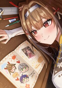 Rule 34 | 1girl, ahoge, animal ears, belle (zenless zone zero), black streaks, blue hair, blush, brown hair, chinese clothes, clover hair ornament, diary, droopy ears, english text, eraser, eyeliner, fox ears, fox girl, green eyes, grey hair, hair ornament, hashtag-only commentary, highres, makeup, official alternate costume, pen, pencil, red eyeliner, red eyes, tbbrian 1, wise (zenless zone zero), ye shunguang, yellow nails, zenless zone zero