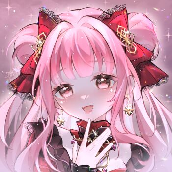 Rule 34 | 1girl, black choker, blunt bangs, bow, brown eyes, chinese commentary, choker, commentary request, diamond facial mark, dot nose, double bun, dress, earrings, eyelashes, facial mark, facial tattoo, fangs, frilled choker, frilled dress, frills, hair bow, hair bun, hair intakes, hair ornament, happy, hexagram, highres, infinity nikki, jewelry, lace, lace-trimmed bow, lace-trimmed dress, lace trim, lanlan zhi jiabing, light blush, light particles, lipstick, long hair, long sidelocks, looking at viewer, makeup, nikki (series), open mouth, outline, pink background, pink hair, pink lips, red bow, red dress, sidelocks, skin fangs, smile, solo, sparkle, sparkling eyes, star (symbol), star earrings, star hair ornament, tattoo, threads of reunion (infinity nikki), upper body, wavy hair, white outline