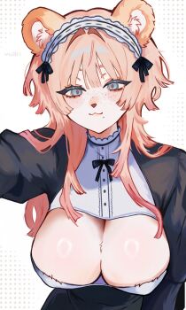 1girl :3 animal_ears animal_nose artist_name bear_ears bear_girl blue_eyes breasts cleavage cleavage_cutout clothing_cutout commentary freckles furry furry_female highres juliet_sleeves large_breasts long_hair long_sleeves looking_at_viewer maid maid_headdress mole mole_under_mouth orange_fur orange_hair original puffy_sleeves simple_background smile solo untranslatable_commentary valleedolla