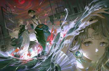 2girls absurdres armor bag beryl_bouanich black_cloak black_hat black_pants blonde_hair blue_coat blue_eyes blue_neckerchief brown_bag brume_(reverse:1999) cloak coat crescent crescent_earrings dress earrings eye_contact face-to-face floating_earrings full_body hand_up hat highres holding_hands jewelry long_dress long_hair looking_at_another looking_at_viewer multiple_girls neckerchief newsboy_cap off_shoulder pants portrait red_sky reverse:1999 rubble short_hair shoulder_armor shoulder_bag sky string tank_top volcanoyyy wading water watermark white_dress white_tank_top