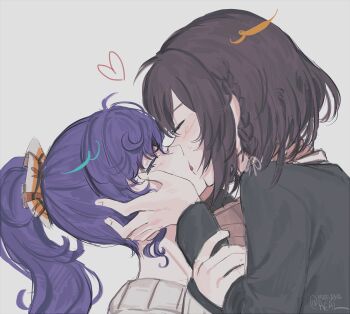 2girls absurdres asahina_mafuyu black_jacket blazer brown_hair closed_eyes commentary french_kiss grey_background hand_on_another&#039;s_face heart highres jacket kiss long_hair mafuenareal multiple_girls ponytail project_sekai purple_hair school_uniform shinonome_ena short_hair simple_background upper_body yuri