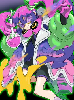 1girl black_jumpsuit blonde_hair clenched_teeth coat commentary_request flask gloves hair_between_eyes hair_ornament haru_(oomr005) hatsune_miku highres holding jumpsuit long_hair long_sleeves multicolored_hair nintendo open_clothes open_coat pink_gloves pink_hair poison_miku_(project_voltage) pokemon project_voltage purple_hair round-bottom_flask short_jumpsuit simple_background solo teeth twintails very_long_hair vocaloid