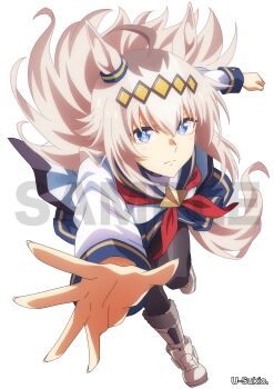 1girl absurdres ahoge animal_ears black_pantyhose blue_eyes blue_sailor_collar blue_skirt boots brooch closed_mouth commentary_request ear_ornament grey_hair grey_tail hair_ornament hairband highres horse_ears horse_girl horse_tail jacket jewelry long_hair long_sleeves multicolored_hair neckerchief oguri_cap_(starlight_beat)_(umamusume) oguri_cap_(umamusume) pantyhose pleated_skirt reaching reaching_towards_viewer red_neckerchief sailor_collar sample_watermark shirt simple_background skirt solo star_brooch tail u-sukio. umamusume umamusume:_cinderella_gray watermark white_background white_boots white_jacket white_shirt