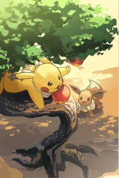 berry_(pokemon) brown_eyes brown_fur dirt eevee gen_1_pokemon highres leppa_berry nintendo no_humans open_mouth outdoors pikachu pokemon pokemon_(creature) tree yamaori_(hakkentai_pokedan) yellow_fur