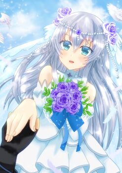 1boy 1girl :d asukamama89 blue_eyes blue_flower blush bouquet bridal_veil bride celia_claire commentary_request detached_collar detached_sleeves dress flower gem grey_hair hair_between_eyes highres holding holding_bouquet holding_hands layered_dress long_hair long_sidelocks off-shoulder_dress off_shoulder open_mouth pearl_(gemstone) pov pov_hands reaching reaching_towards_viewer rio_(seirei_gensouki) seirei_gensouki sidelocks smile solo_focus veil very_long_hair very_long_sidelocks wedding wedding_dress