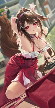 1girl absurdres animal_ears bag bow bracelet breasts brown_hair cleavage collar commentary detached_sleeves droopy_ears duplicate english_commentary fox_ears fox_girl fox_tail frilled_collar frills hair_ornament headband highres jewelry large_breasts light_blush long_skirt momo_(2240807) official_alternate_costume pixel-perfect_duplicate red_eyes skirt strap tail thighs ye_shunguang zenless_zone_zero