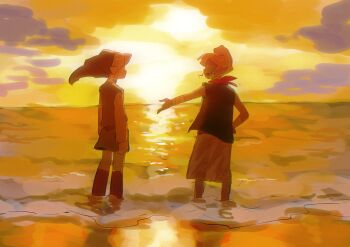 Rule 34 | 1boy, 1girl, beach, blonde hair, cloud, commentary request, dark-skinned female, dark skin, green hat, green tunic, hand on own hip, hat, highres, link, looking at another, nintendo, open mouth, orange sky, outdoors, pointy ears, reaching, reaching towards another, senzo6700, short hair, sky, smile, standing, sunset, tetra, the legend of zelda, the legend of zelda: the wind waker, toon link, tunic, water