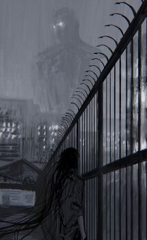 1boy 1other black_shirt building commentary cowboy_shot english_commentary fence giant glowing glowing_eyes grey_shirt greyscale highres house long_hair monochrome original revol4357 shirt skyline sleeves_rolled_up standing very_long_hair