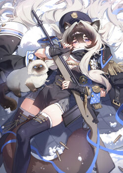 1girl absurdres animal_ears arm_warmers battle_rifle blue_eyes boots breasts brown_hair cat cat_ears cat_girl cat_tail cleavage colorpoint_(pattern) grey_hair gun hat highres looking_at_viewer lying m14 medium_breasts military_hat military_uniform miniskirt multicolored_hair nabezuru neck_warmer on_back original rifle siamese_cat skirt solo tail thigh_boots weapon