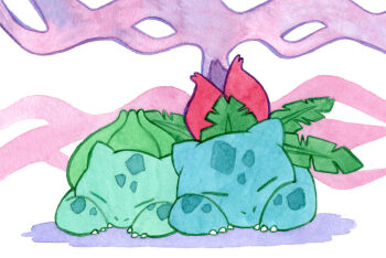 Rule 34 | animal focus, bulbasaur, claws, closed eyes, closed mouth, colored smoke, commentary, english commentary, evolutionary line, full body, gen 1 pokemon, ivysaur, light bulb, nintendo, no humans, nostrils, painting (medium), pokemon, pokemon (creature), queensnopea, sleeping, smoke, spoken light bulb, traditional media, watercolor (medium), white background