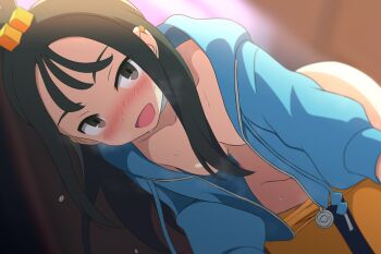 1girl bikini_bottom_pull blue_hoodie cube_hair_ornament curakuru hair_ornament highres hoodie lida_(pokemon) nintendo no_bra orange_leggings panties panty_pull pokemon pokemon_legends:_z-a topknot underwear
