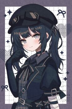 1girl black_choker black_gloves black_hair black_hat black_ribbon choker commentary_request gloves goggles goggles_on_headwear grey_eyes hat highres kurobe_nanoka long_hair mahou_shoujo_no_majo_saiban ribbon solo twintails yua_666666