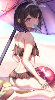 1girl absurdres ass azuma_(sospower73) beach bikini black_bikini black_hair blue_archive blush commentary food food_in_mouth frilled_bikini frills from_side hairband halo highres kneeling mashiro_(blue_archive) mashiro_(swimsuit)_(blue_archive) official_alternate_costume popsicle popsicle_in_mouth purple_eyes red_halo short_hair solo strapless strapless_bikini swimsuit white_hairband