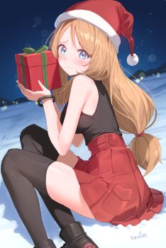 1girl absurdres artist_name black_shirt black_shoes black_thighhighs blonde_hair blue_eyes bracelet breasts christmas_present feet_out_of_frame gift green_ribbon hat highres holding holding_gift jewelry long_hair looking_at_viewer low-tied_long_hair medium_breasts mega_ring miniskirt night night_sky nintendo outdoors pokemon pokemon_xy raised_eyebrows red_skirt revvie ribbon santa_hat serena_(pokemon) shirt shoes sitting skirt sky sleeveless sleeveless_shirt snow solo thighhighs thighs very_long_hair