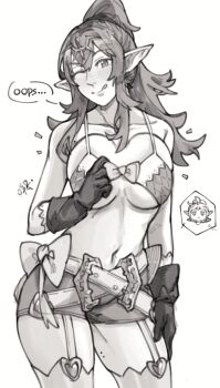 2girls ;q alternate_costume bare_arms bare_shoulders bikini bikini_top_only breasts breasts_squeezed_together chibi commentary cosplay english_commentary english_text fire_emblem fire_emblem_awakening highres large_breasts licking_lips long_hair looking_at_viewer mole mole_on_thigh multiple_girls navel nintendo nowi_(fire_emblem) nowi_(fire_emblem)_(cosplay) one_eye_closed pointy_ears ponytail sakuremi short_shorts shorts simple_background smile solo_focus speech_bubble stomach swimsuit teasing thick_thighs thighs tiki_(adult)_(fire_emblem) tiki_(fire_emblem) tongue tongue_out underboob undersized_clothes