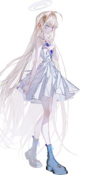 1girl absurdres bare_shoulders blonde_hair blue_eyes breasts crymachina dress enoa_(crymachina) expressionless flower full_body hair_flower hair_ornament halo hand_on_own_chest highres long_hair looking_at_viewer official_art platform_shoes rolua rose shoes small_breasts solo transparent_background very_long_hair white_dress
