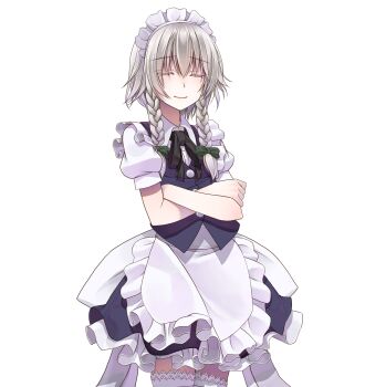 Rule 34 | 1girl, apron, black ribbon, blue skirt, blue vest, bow, braid, buttons, closed eyes, closed mouth, commentary request, cowboy shot, crossed arms, crote, frilled apron, frills, furrowed brow, green bow, grey hair, hair between eyes, hair bow, highres, izayoi sakuya, large variant set, maid, maid apron, maid headdress, neck ribbon, petticoat, puffy short sleeves, puffy sleeves, ribbon, shirt, short hair, short sleeves, skirt, sleeve cuffs, smile, solo, standing, thighhighs, touhou, transparent background, twin braids, u u, variant set, vest, white apron, white headdress, white shirt, white thighhighs