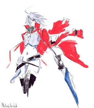absurdres ahoge behnbladeh belt black_gloves blazblue blazblue_alternative:_dark_war cape eyepatch gloves grey_hair highres huge_ahoge non-web_source nu-13 red_cape red_eyes sketch sword weapon white_background