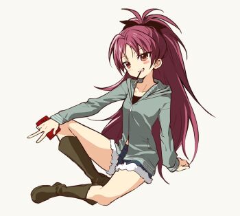 1girl arm_support blue_shorts blush_stickers boots brown_eyes collarbone ddongmura food food_in_mouth full_body green_hoodie hand_on_own_knee high_ponytail hood hoodie knee_up long_hair mahou_shoujo_madoka_magica mahou_shoujo_madoka_magica_(anime) pocky pocky_in_mouth ponytail red_hair sakura_kyoko short_shorts shorts simple_background sitting solo white_background