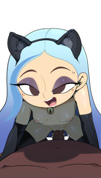 Rule 34 | 1boy, 1girl, age difference, aged up, andrea davenport, animal ear hairband, black gloves, black leggings, blue hair, blue streaks, breasts, brown eyes, cat ear hairband, cat ears, choker, cowgirl position, dark-skinned male, dark skin, disney, elbow gloves, eyelashes, eyeshadow, faceless, faceless male, female focus, freckles, gloves, gradient hair, interracial, leggings, legs apart, long hair, looking at viewer, makeup, multicolored hair, navel, neck bell, nipples, nude, older male and younger female, open mouth, pale-skinned, pale-skinned-female, pale skin, penis, pov, purple eyeshadow, pussy, sex, shadow, simple background, small breasts, spread legs, straddling, streaked hair, sweat, the ghost and molly mcgee, vaginal, white background, yellow elephant