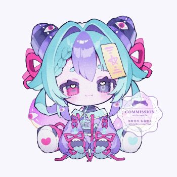 1girl :3 artist_name black_eyes blue_hair blush chibi chibi_only closed_mouth commentary commission double-parted_bangs full_body hair_intakes hair_ribbon heterochromia long_sleeves looking_at_viewer multicolored_hair ofuda ofuda_on_head original pink_ribbon purple_hair purple_shirt red_eyes ribbon shirt simple_background sitting smile solo symbol-only_commentary thick_eyebrows two-tone_hair upa_papa_co watermark white_background