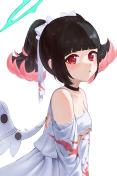 1girl absurdres alternate_costume bare_shoulders black_choker black_hair blood blood_on_clothes blush breasts choker cleavage collarbone colored_inner_hair commentary dress english_commentary from_side green_halo hair_intakes hair_ribbon halo highres looking_at_viewer medium_breasts multicolored_hair open_mouth red_eyes ribbon rokudu_sariel scar scar_on_back short_twintails simple_background solo torn_clothes torn_dress twintails unfinished white_background white_dress white_ribbon white_wings wings yamisroot zenless_zone_zero