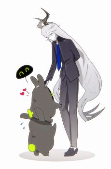 Rule 34 | 1girl, absurdres, alternate costume, bangboo (zenless zone zero), black gloves, black horns, black jacket, black pants, black suit, blue eyes, blue necktie, chinese commentary, closed mouth, collared jacket, commentary request, fingerless gloves, flying sweatdrops, formal clothes, from side, gloves, grey hair, hair between eyes, headpat, heart, hendiurendelaodong, highres, horns, human stacking, jacket, leaning forward, long hair, long horns, long sleeves, looking down, necktie, non-humanoid robot, pants, robot, shade, spoken expression, suit, sunbringer (zenless zone zero), tall female, wavy hair, zenless zone zero