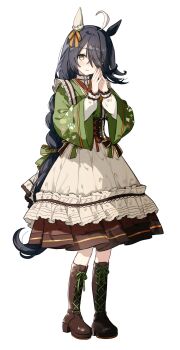 1girl ahoge black_hair blonde_hair boots bow braid braided_ponytail brown_boots brown_corset corset ear_covers full_body green_bow green_kimono hair_over_one_eye highres japanese_clothes kimono lace-up_boots long_hair long_sleeves looking_at_viewer low-tied_long_hair maid manhattan_cafe_(umamusume) manhattan_cafe_(verdant_night)_(umamusume) migolu official_alternate_costume parted_lips ribbon simple_background single_ear_cover skirt solo standing steepled_fingers translucent_hair umamusume very_long_hair wa_maid white_background white_skirt yellow_ribbon