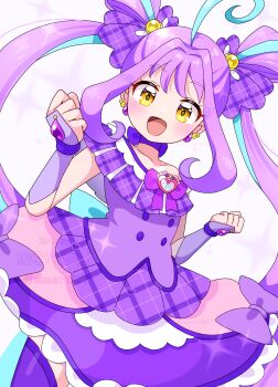 1girl :d absurdres ahoge back_bow bare_shoulders blue_bow blue_streaks blush bow brooch bubble_skirt buttons choker clenched_hands collarbone commentary cowboy_shot cure_kyunkyun dot_nose double-breasted double_bun dress dress_bow dutch_angle earrings hair_bow hair_bun hair_intakes hair_ornament hands_up heart heart_brooch highres idol_heart_brooch_(precure) jewelry kimi_to_idol_precure long_hair looking_at_viewer magical_girl miniskirt mmmera827 multicolored_hair off-shoulder_dress off_shoulder open_mouth plaid_bow plaid_clothes plaid_dress precure purple_bow purple_choker purple_dress purple_hair purple_thighhighs purple_wrist_cuffs shigure_kokoro simple_background single_bare_shoulder single_earring skirt skirt_bow sleeveless sleeveless_dress smile solo streaked_hair teardrop_earrings thighhighs twintails two-tone_hair very_long_hair watermark white_background wrist_cuffs yellow_eyes