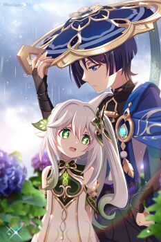 1boy 1girl anemo_symbol_(genshin_impact) aqua_gemstone armlet armor arms_behind_back behind_another belt black_belt black_bodysuit black_bow black_bridal_gauntlets black_shorts blue_cape blue_hat blue_sleeves blunt_ends blurry bodysuit bow bridal_gauntlets bright_pupils cape clenched_hand closed_mouth clothing_cutout colored_eyelashes covered_collarbone cross-shaped_pupils depth_of_field detached_sleeves diffraction_spikes dress eyelashes eyeliner eyeshadow feathers fingernails flower gem genshin_impact glowing_gem gold gold_ring gold_trim green_eyes green_gemstone green_hair green_sleeves hair_between_eyes hair_ornament hakama hakama_shorts half-closed_eyes half_crown_braid hand_on_own_hip hat height_difference highres hip_vent hydrangea improvised_umbrella japanese_armor japanese_clothes jewelry jingasa kimono kote kurokote leaf leaf_hair_ornament leaning_on_person long_hair looking_at_another looking_down looking_to_the_side makeup mandarin_collar middle_ring multicolored_hair nahida_(genshin_impact) open_clothes open_kimono open_mouth outdoors pink_lips pleated_shorts pointy_ears pom_pom_(clothes) purple_eyes purple_flower purple_hair purple_pupils purple_rope purple_sash rain red_eyeliner red_eyeshadow rope sash scaramouche_(genshin_impact) shared_improvised_umbrella shared_umbrella short_sleeves shorts shoulder_peek side_ponytail sidelocks streaked_hair symbol-shaped_pupils tareme teeth tongue torigara_33 tsurime twitter_username umbrella upper_teeth_only vision_(genshin_impact) wanderer_(genshin_impact) white_dress white_kimono white_pupils white_trim yellow_feathers