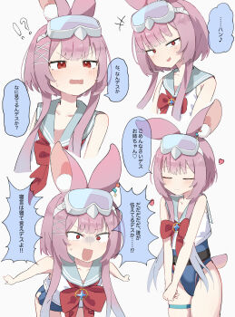 Rule 34 | !?, 1girl, absurdres, animal ear fluff, animal ears, blue one-piece swimsuit, closed eyes, commentary, goggles, goggles on head, heart, highres, karin (stella sora), leaning forward, long hair, looking at viewer, multiple views, one-piece swimsuit, own hands together, pink hair, playboy bunny swimsuit, red eyes, red ribbon, ribbon, sailor collar, simple background, stella sora, sweatdrop, swimsuit, tonkotsu frappuccino, translation request, white background