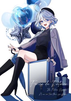 1girl absurdres ahoge bag balloon beret blue_eyes blue_nails boots box character_name closed_umbrella commentary_request drop-shaped_pupils english_text furina_(genshin_impact) genshin_impact gift gift_box hat heterochromia high_heel_boots high_heels highres holding holding_umbrella jacket jacket_on_shoulders multicolored_hair short_hair symbol-shaped_pupils umbrella white_hair yugo_(yugonm222)
