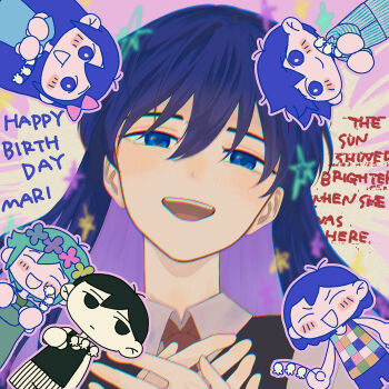 2girls 4boys antenna_hair aubrey_(headspace)_(omori) aubrey_(omori) basil_(headspace)_(omori) basil_(omori) black_eyes black_hair black_sweater_vest black_tank_top blue_overalls blush bow character_name chibi chromatic_aberration closed_eyes closed_mouth collared_shirt colored_skin commentary_request flower flower_wreath green_hair green_shirt hair_behind_ear hair_bow happy_birthday head_wreath hero_(headspace)_(omori) hero_(omori) highres holding holding_flower kel_(headspace)_(omori) kel_(omori) lily_of_the_valley long_hair mari_(headspace)_(omori) mari_(omori) msdnno_kabe multiple_boys multiple_girls neckerchief omori omori_(omori) open_mouth overalls pajamas pink_bow purple_eyes purple_hair purple_shorts red_neckerchief shirt short_hair shorts smile sweater_vest t-shirt tank_top teeth upper_teeth_only white_shirt white_shorts white_skin