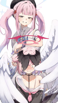 Rule 34 | <|> <|>, 2girls, absurdres, alternate hairstyle, black hat, black shirt, black wings, blue archive, blue flower, blue halo, blush, closed mouth, commentary, dress, flower, grin, hair bun, hair flower, hair ornament, hair scrunchie, hairstyle switch, halo, hat, head wings, highres, koharu (blue archive), long hair, long sleeves, looking at another, low wings, mika (blue archive), morishin546, multiple girls, neckerchief, pink neckerchief, purple scrunchie, red flower, red halo, sailor collar, scrunchie, shirt, short hair, short sleeves, single bare shoulder, single side bun, smile, sweat, twintails, white dress, white sailor collar, white scrunchie, white wings, wings, wrist scrunchie, yellow eyes, yuri