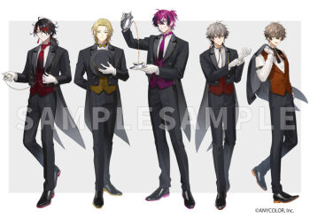 5boys adjusting_clothes adjusting_gloves alban_knox alternate_costume black_bow black_bowtie black_coat black_hair black_hat black_pants black_shoes blonde_hair border bow bowtie brown_hair butler coat commentary_request copyright_notice cup doppio_dropscythe earrings full_body gloves grey_background grin hair_over_one_eye hat holding holding_jacket holding_plate holding_teapot holding_unworn_clothes holding_unworn_hat isamu jacket jewelry looking_at_viewer luca_kaneshiro male_focus multiple_boys necktie nijisanji nijisanji_en official_art one_eye_closed pants parted_bangs plate ponytail pouring purple_hair purple_necktie purple_vest red_hair red_necktie red_vest ryoma_barrenwort sample_watermark saucer shirt shoes short_ponytail smile tailcoat tassel tassel_earrings teacup teapot unworn_hat unworn_headwear unworn_jacket vest virtual_youtuber vox_akuma watermark white_border white_gloves white_shirt yellow_bow yellow_bowtie yellow_vest