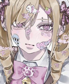 1girl aegyo_sal artist_name bandaid bandaid_on_cheek bandaid_on_face bell blonde_hair bow caru_c1 cat_face_sticker commentary cross cross_earrings ear_piercing earrings eyebrow_piercing face_piercing food-themed_hair_ornament gyaru hair_between_eyes hair_bow hair_ornament hairclip highres jewelry jingle_bell long_hair looking_at_viewer original piercing pink_bow pink_eyes polka_dot polka_dot_bow portrait solo sticker sticker_on_face strawberry_hair_ornament symbol-only_commentary twintails unicorn_hair_ornament