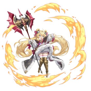 Rule 34 | 1girl, :d, absurdres, ahoge, armored boots, axe, battle axe, belt, blonde hair, bloomers, blue eyes, boots, bow, cape, cape clasp, coat, commentary request, cross hair ornament, dot nose, double-parted bangs, fire, fluffy hair, fur-trimmed cape, fur trim, hair between eyes, hair bow, hair ornament, hair rings, highres, holding, holding weapon, huge weapon, long eyelashes, long hair, long sidelocks, obu (da1103ll), open mouth, original, outstretched hand, pink pupils, puffy coat, puffy wrist cuffs, shiny skin, sidelocks, smile, solo, tassel, thighhighs, twintails, underwear, very long hair, weapon, white background, winter clothes, winter coat