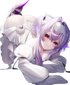 1girl armored_footwear ass detached_sleeves dot_nose full_body goddess_of_victory:_nikke highres jellyfish_girl leotard liberalio_(nikke) light_blush light_smile looking_at_viewer pantyhose purple_hair red_eyes sleeves_past_fingers sleeves_past_wrists solo white_background white_leotard white_pantyhose yume_30_31