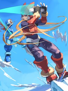 1boy absurdres android armor black_eyes blonde_hair blood commentary_request dismemberment energy_sword forehead_jewel full_body helmet highres holding holding_sword holding_weapon long_hair male_focus mega_man_(series) mega_man_zero_(series) omochi_(mochi_skymega) one-eyed outdoors pantheon_(mega_man) red_armor red_helmet robot simple_background solo_focus sword weapon z_saber zero(z)_(mega_man) zero_(mega_man)