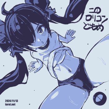 1girl ;o ahoge arm_support backbeako_(torotei) backbeard blue_background blush buruma clothes_lift commentary dated dated_commentary dutch_angle gegege_no_kitarou gym_shirt hair_over_one_eye hair_ribbon kono_lolicon_domome loli long_hair looking_at_viewer lying monochrome navel on_back one_eye_closed open_mouth original paid_reward_available pointy_ears ribbon shirt shirt_lift simple_background solo spread_legs sweat thighs torotei translated twintails v-shaped_eyebrows watermark web_address