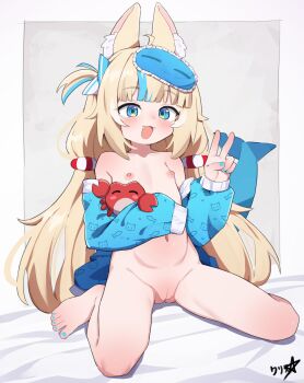 1girl :3 absurdres animal_ears bed blonde_hair blue_eyes blue_toenails blush boppin cat_ears crab fang feet female_focus fins fish_tail flat_chest hair_ornament highres indie_virtual_youtuber kaniki_(sameko_saba) loli long_hair long_twintails looking_at_viewer looking_back navel nipples nude on_bed open_clothes pussy sameko_saba sitting smile solo stomach tail thighs toes twintails uncensored v virtual_youtuber