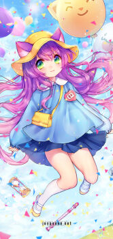 >:3 1girl :3 animal_ears animal_hat artist_name bag balloon blue_skirt blush cat_ears confetti female_focus flute green_eyes hat hourglass instrument joypyonn kindergarten_bag kindergarten_uniform kneehighs league_of_legends long_hair lulu_(league_of_legends) poro_(league_of_legends) purple_hair recorder school_hat school_uniform shoes skirt socks solo teemo uwabaki v-shaped_eyebrows watermark web_address white_socks