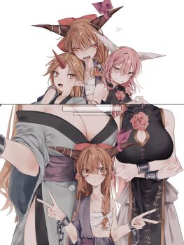 3girls ? absurdres arms_under_breasts bare_shoulders black_tabard blonde_hair blue_kimono blush bow breasts brown_horns budget_sarashi chain chest_sarashi cleavage cleavage_cutout closed_mouth clothing_cutout collarbone crossed_arms cuffs dededon_(2suy_aas) double_v fang flat_chest flower head_out_of_frame height_difference highres horn_bow horn_ornament horn_ribbon horns hoshiguma_yuugi hoshiguma_yuugi_(kimono) huge_breasts ibaraki_kasen ibuki_suika japanese_clothes kimono large_breasts long_hair looking_at_another multiple_girls off_shoulder oni open_mouth orange_hair pink_eyes pink_flower pink_hair pink_rose pointy_ears red_eyes ribbon rose sarashi shackles short_hair side_slit simple_background single_bare_shoulder single_horn size_difference spoken_question_mark sweatdrop tabard touhou v white_background