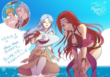 2boys 2girls armlet bangle blonde_hair bracelet breasts character_request cleavage closed_mouth gold_bracelet hair_tubes hat headband highres jewelry langrisser langrisser_iii large_breasts long_hair looking_at_viewer luna_(langrisser) multiple_boys multiple_girls navel one_eye_closed open_mouth red_hair smile swimsuit varna_(langrisser_iii) water white_hat yoshitaka_nakano