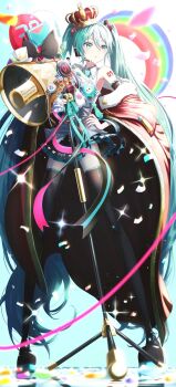 1girl 39 absurdly_long_hair aqua_eyes aqua_hair aqua_necktie aqua_trim arm_tattoo arm_up balloon bare_shoulders black_boots black_skirt black_sleeves blush boots breasts collared_shirt commentary_request detached_sleeves full_body hair_between_eyes hair_ornament hand_on_own_hip hatsune_miku headset highres itogari long_hair long_sleeves magical_mirai_(vocaloid) magical_mirai_miku magical_mirai_miku_(2025) miniskirt necktie pleated_skirt rainbow shirt simple_background skirt sleeveless sleeveless_shirt small_breasts smile solo standing symbol-shaped_hair tattoo thick_thighs thigh_boots thighhighs thighs tie_clip twintails very_long_hair vocaloid white_background white_shirt zettai_ryouiki