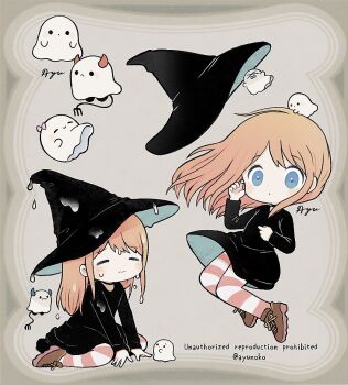 Rule 34 | 1girl, ayu (mog), black choker, black dress, black hat, blue eyes, blush stickers, brown shoes, choker, closed eyes, closed mouth, commentary, dress, english commentary, full body, ghost, grey background, hat, long hair, long sleeves, multiple views, orange hair, original, pantyhose, red pantyhose, shoes, sitting, striped clothes, striped pantyhose, twitter username, unworn hat, unworn headwear, wariza, watermark, wet, witch, witch hat