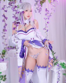 breasts cleavage clothes_lift cosplay danisaurz dress dress_lift emilia_(re:zero) emilia_(re:zero)_(cosplay) hair_ornament highres kneehighs medium_breasts re:zero_kara_hajimeru_isekai_seikatsu socks tagme